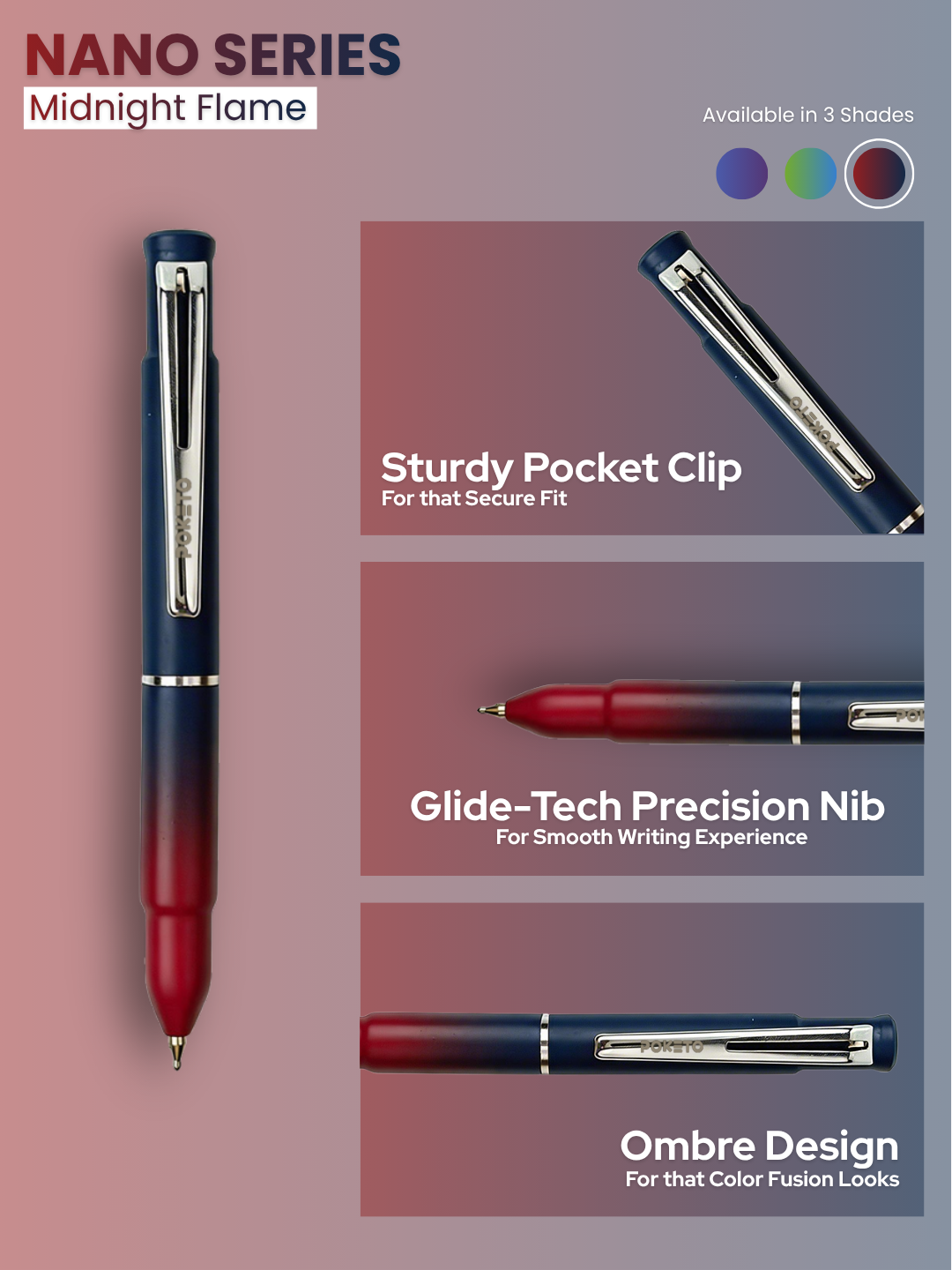 Poketo Nano Solid & Ombre Ball Pen - World's Smallest Pocket Size Ball Pen (Pack of 5)