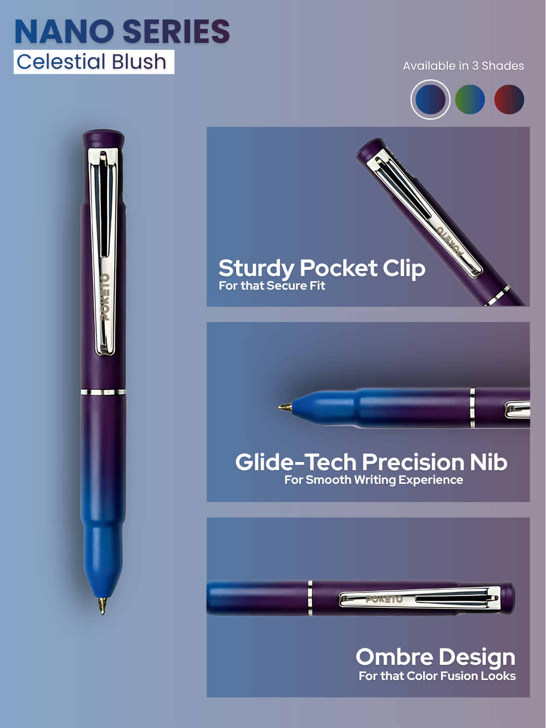 Poketo Nano Solid & Ombre Ball Pen - World's Smallest Pocket Size Ball Pen (Pack of 5)