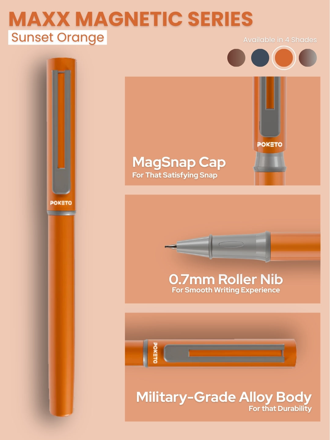 Maxx Magnetic Metallic Roller Pen – Sunset Orange
