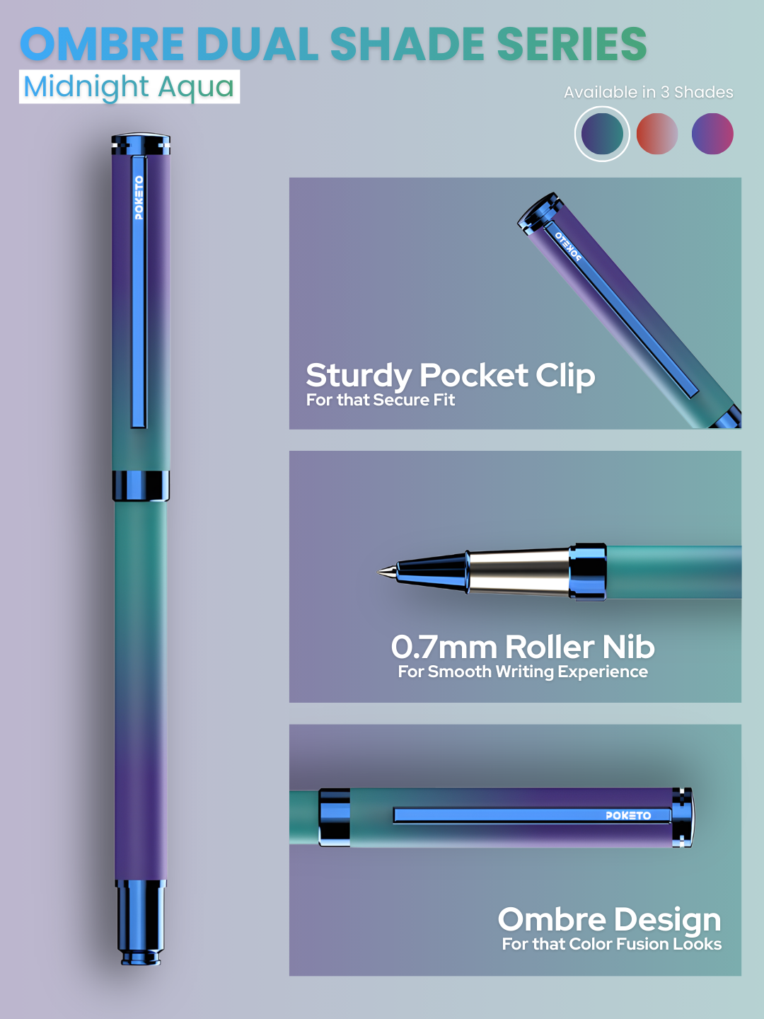 Poketo Ombre Dual Shade Metallic Roller Pen - Midnight Aqua