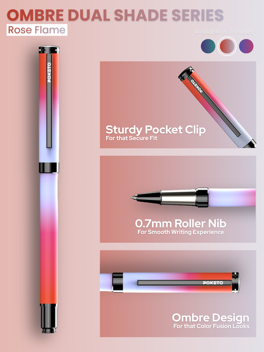 Poketo Ombre Dual Shade Metallic Roller Pen - Rose Flame