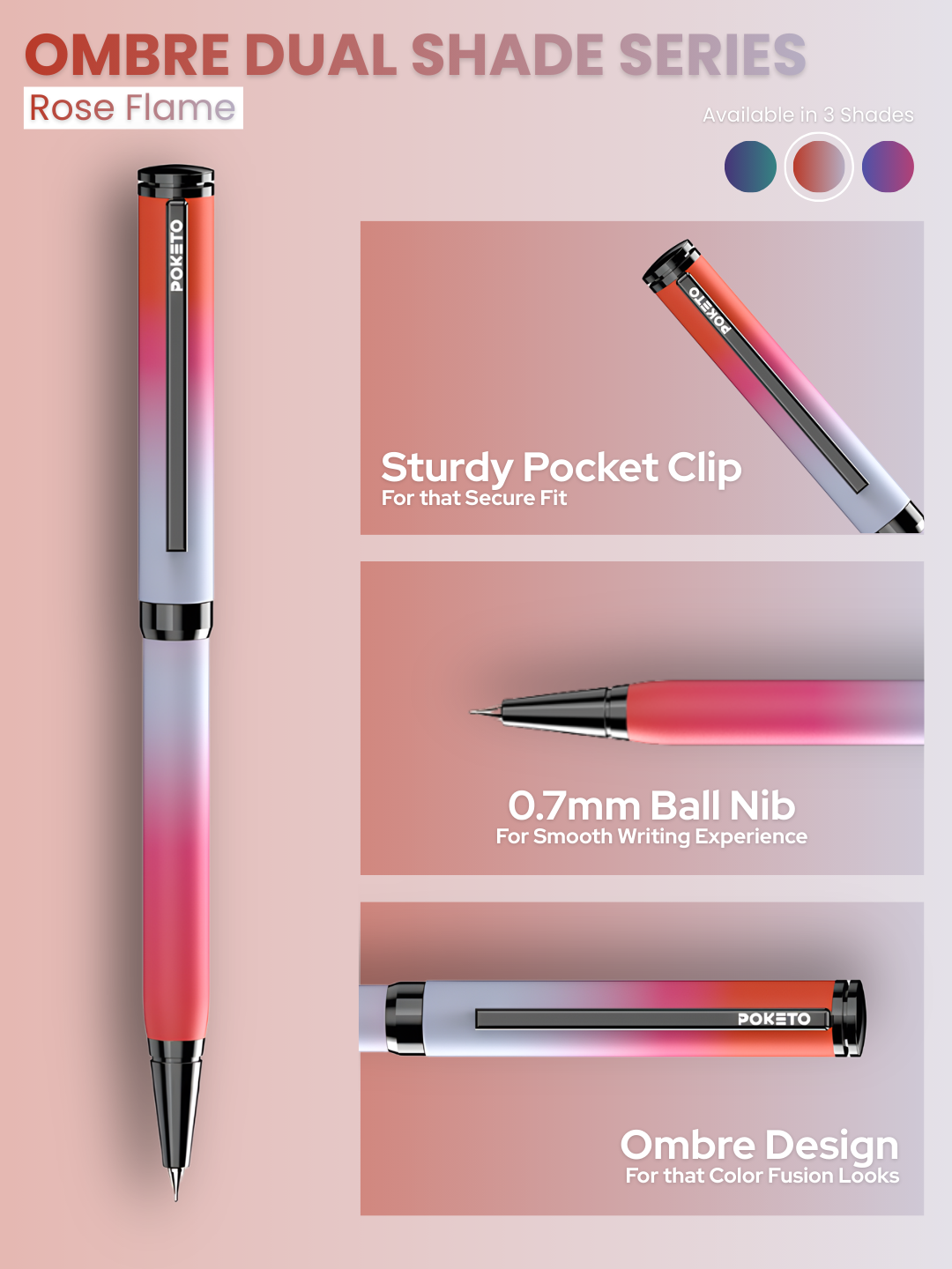 Poketo Ombre Dual Shade Metallic Ball Pen - Rose Flame