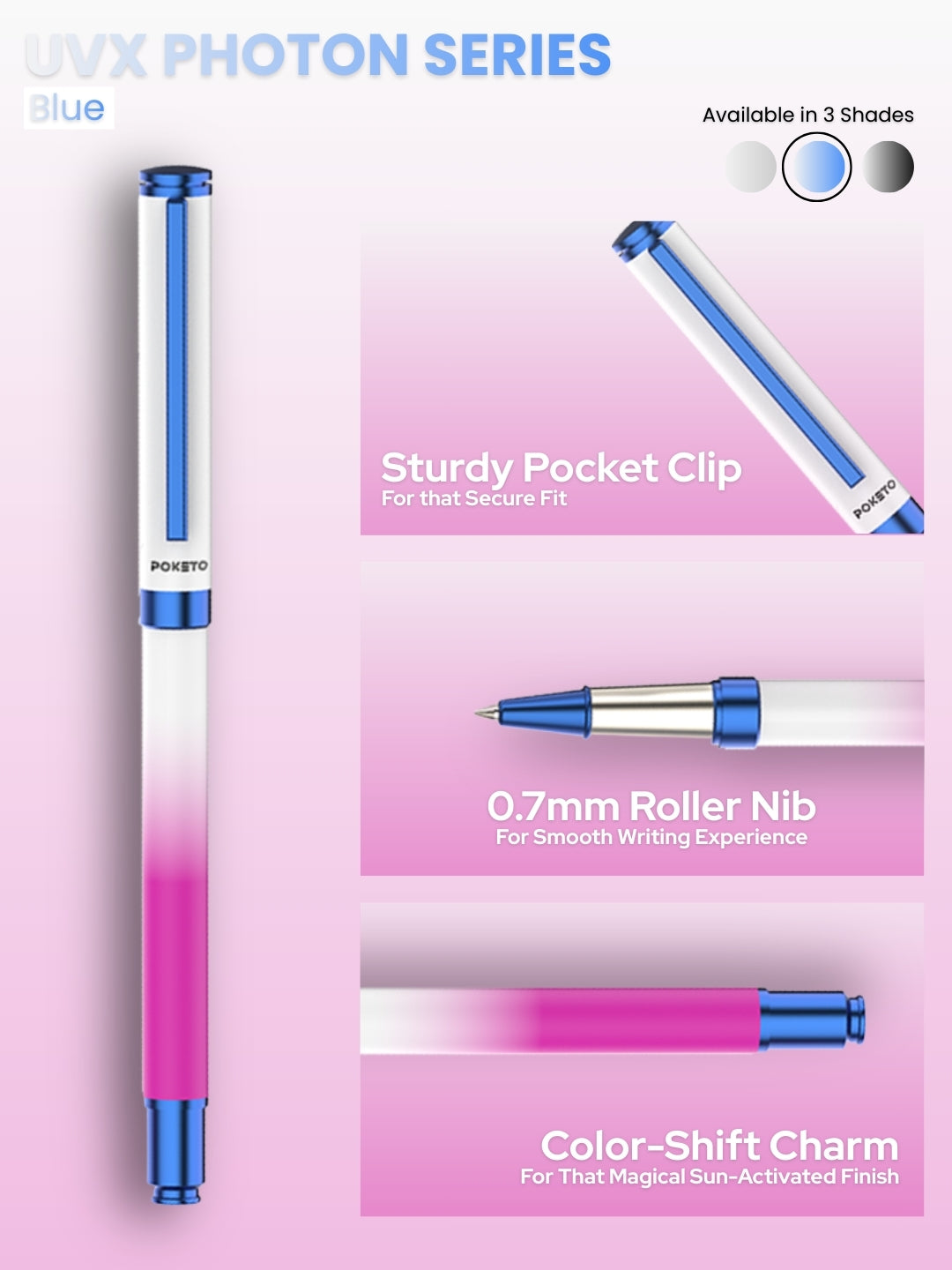 UVx Photon - India's 1st Color Changing Metallic Roller & Ball Pen Set - White & Blue