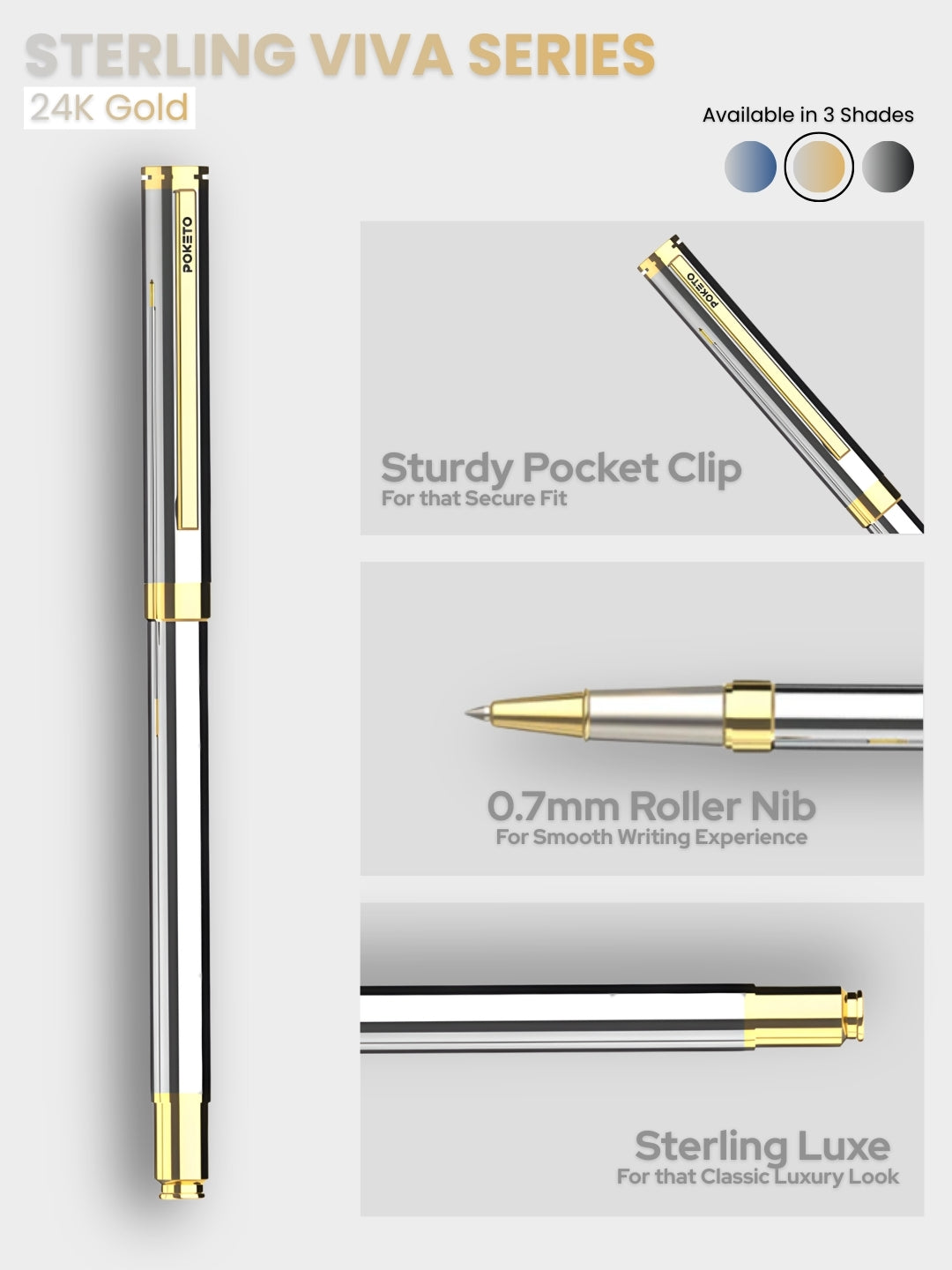 Sterling Viva Premium Metallic Plated Roller Pen – 24K Gold